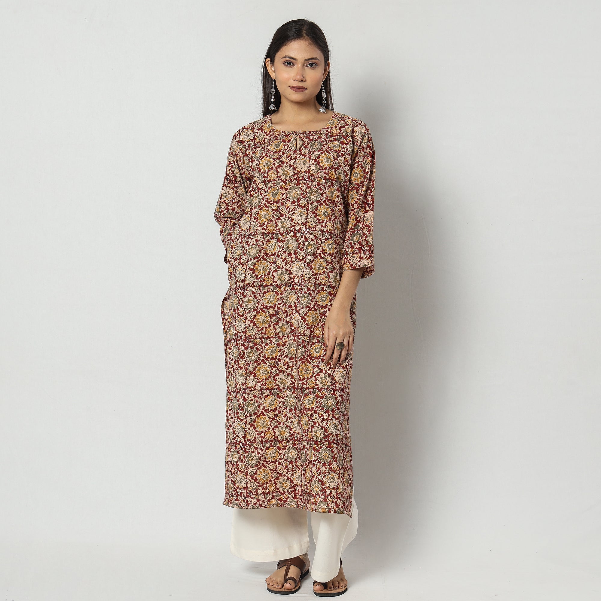 Corporate Blue Pure Kalamkari Floral Printed With Embroidery Cotton Kurta  for online shopping- PKK1951